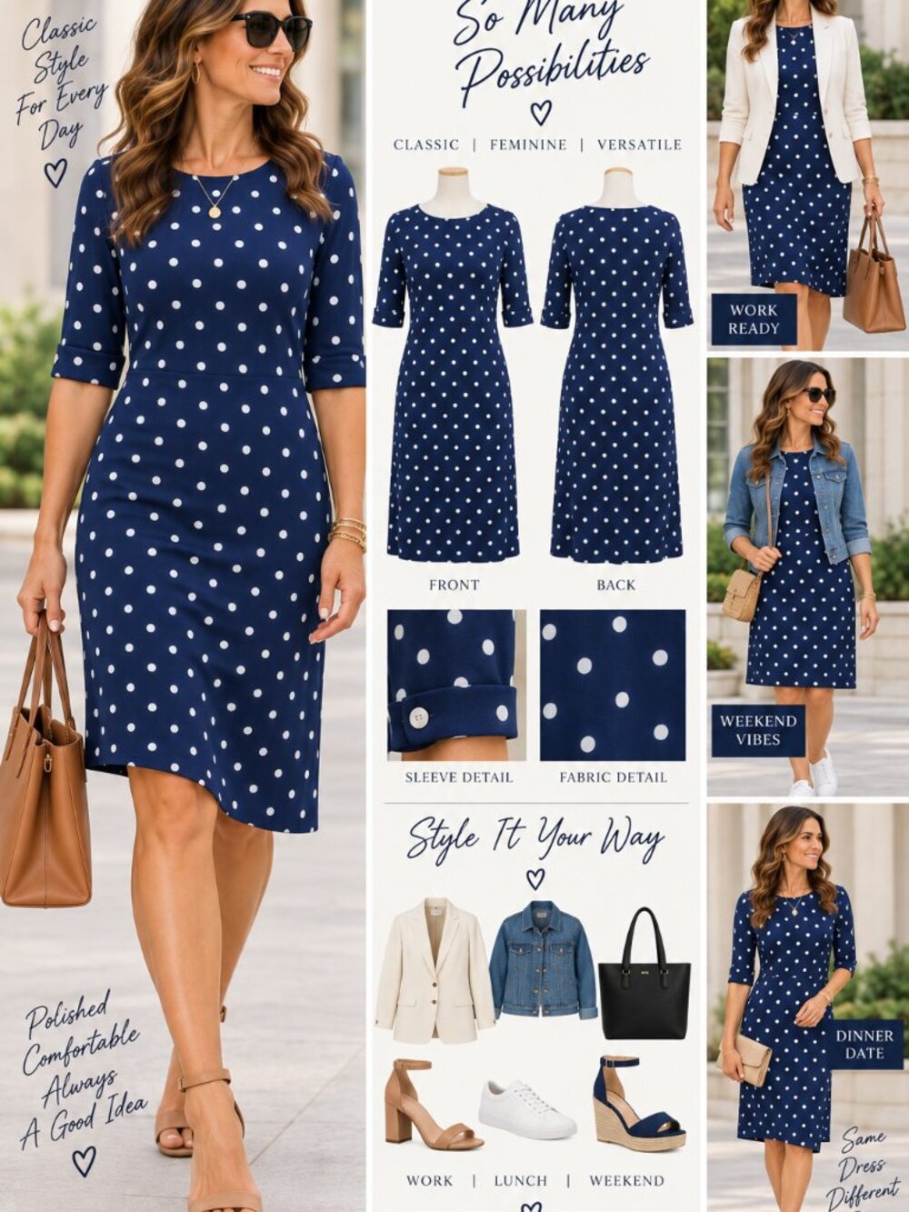 Karen Scott Navy Blue Polka Dot Dress – Size Large – NWOT